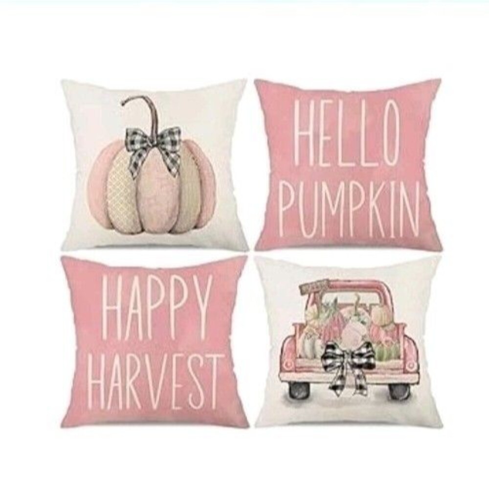 Fall Pink Square Pillow Covers 18 X 18" Happy Harvest Hello Pumpkin 4 Pk New